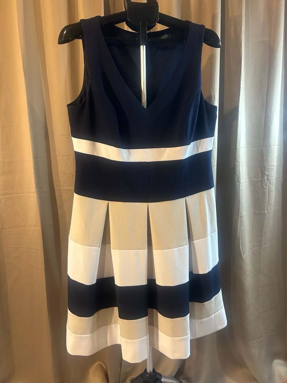 Lauren Ralph Lauren Fit & Flare Sleeveless Pleated Colorblock Striped Dress